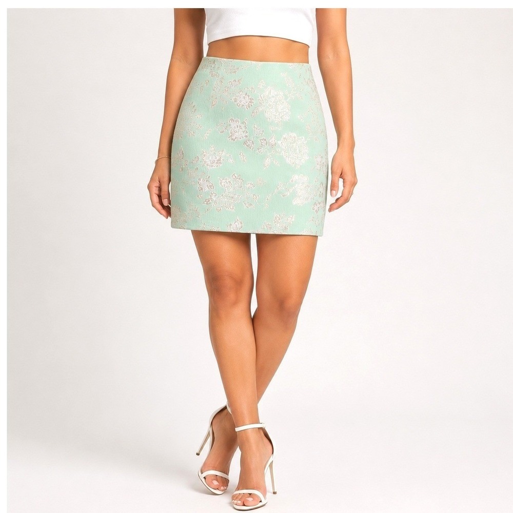 Missguided Women Mint Green Floral Brocade Mini Skirt 12 Metallic Jacquard Y2K